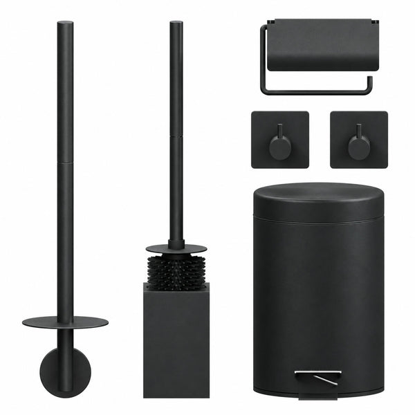 5-teiliges Schwarzes Eckiges Toilettenset - Wandmontierter Toilettenpapierhalter für 3 Rollen & Hängender Toilettenpapierhalter mit Schutzabdeckung - WC-Bürstenhalter, Mülleimer & Wandhaken