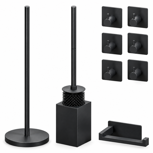 4-Piece Black Toilet Set - Standing Toilet Roll Holder for 5 Extra Rolls & Hanging Toilet Roll Holder - Toilet Brush Holder & Wall Hooks
