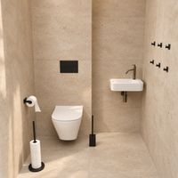 Set de Toilette Noir 4 Pièces - Porte-Rouleau de Réserve sur Pied pour 5 Rouleaux & Porte-Rouleau Suspendu - Porte-Brosse WC & Crochets Muraux