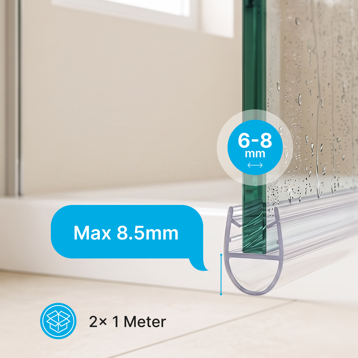 Douchestrip D profiel, 2 × 100 cm, voor glas 6 tot 8 mm