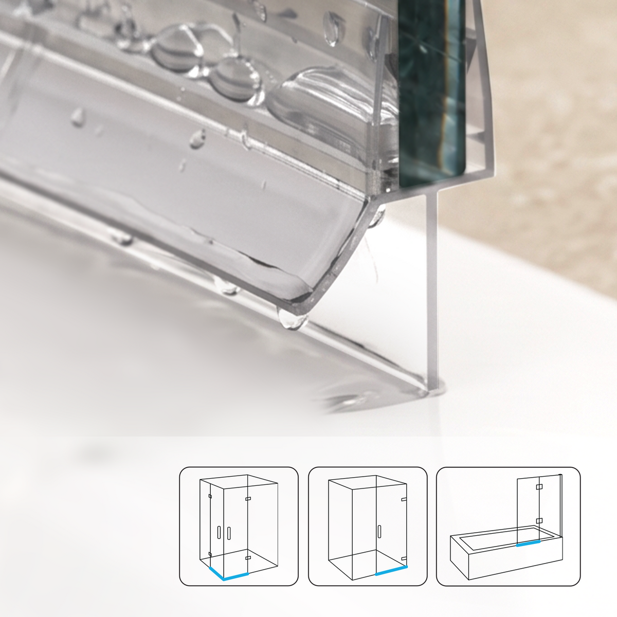 Douchestrip met waterkering, 2 × 100 cm, voor glas 8 tot 10 mm