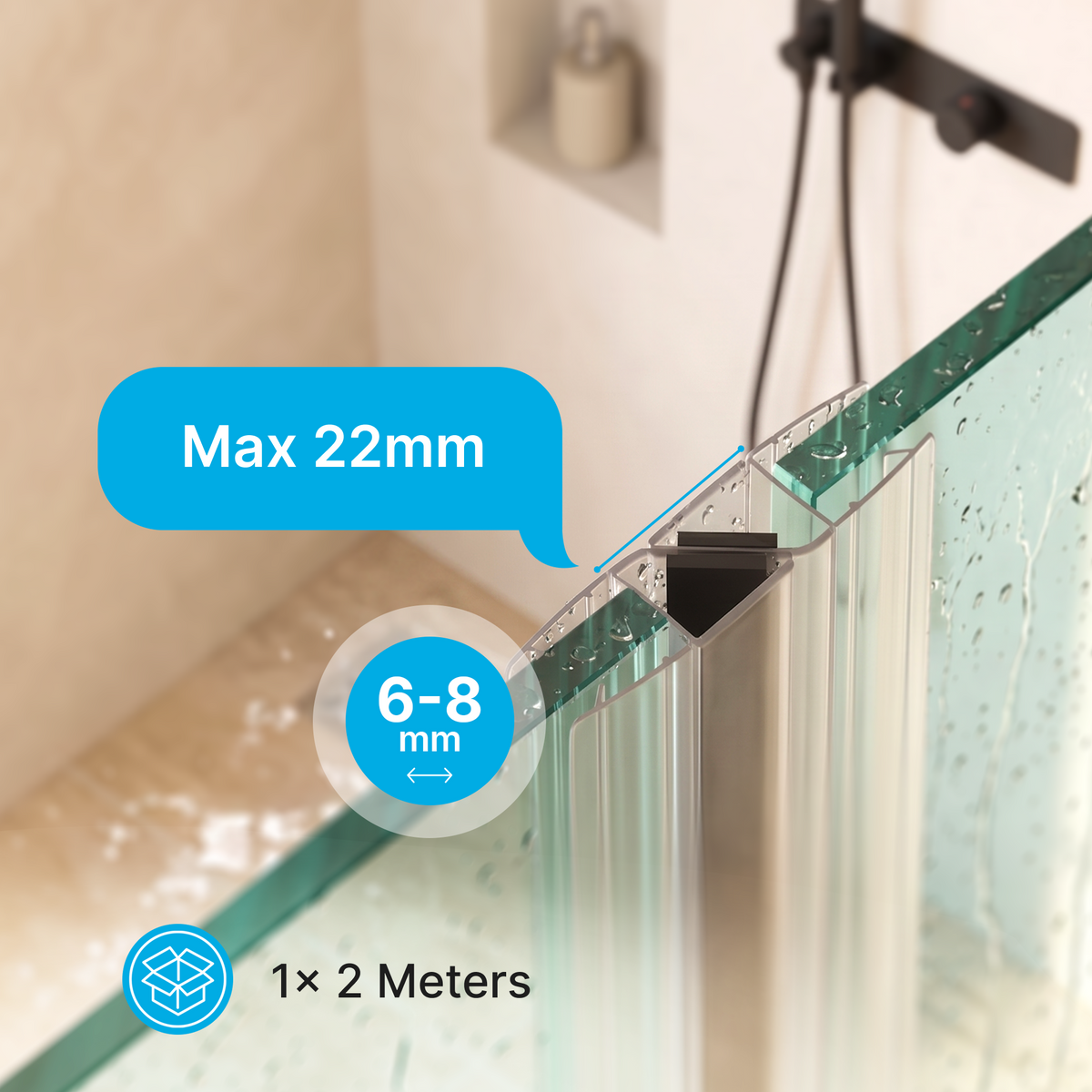 Magnetische douchedeurstrip, 2 × 200 cm, voor glas 6 tot 8 mm, voor 90 en 180 graden sluiting