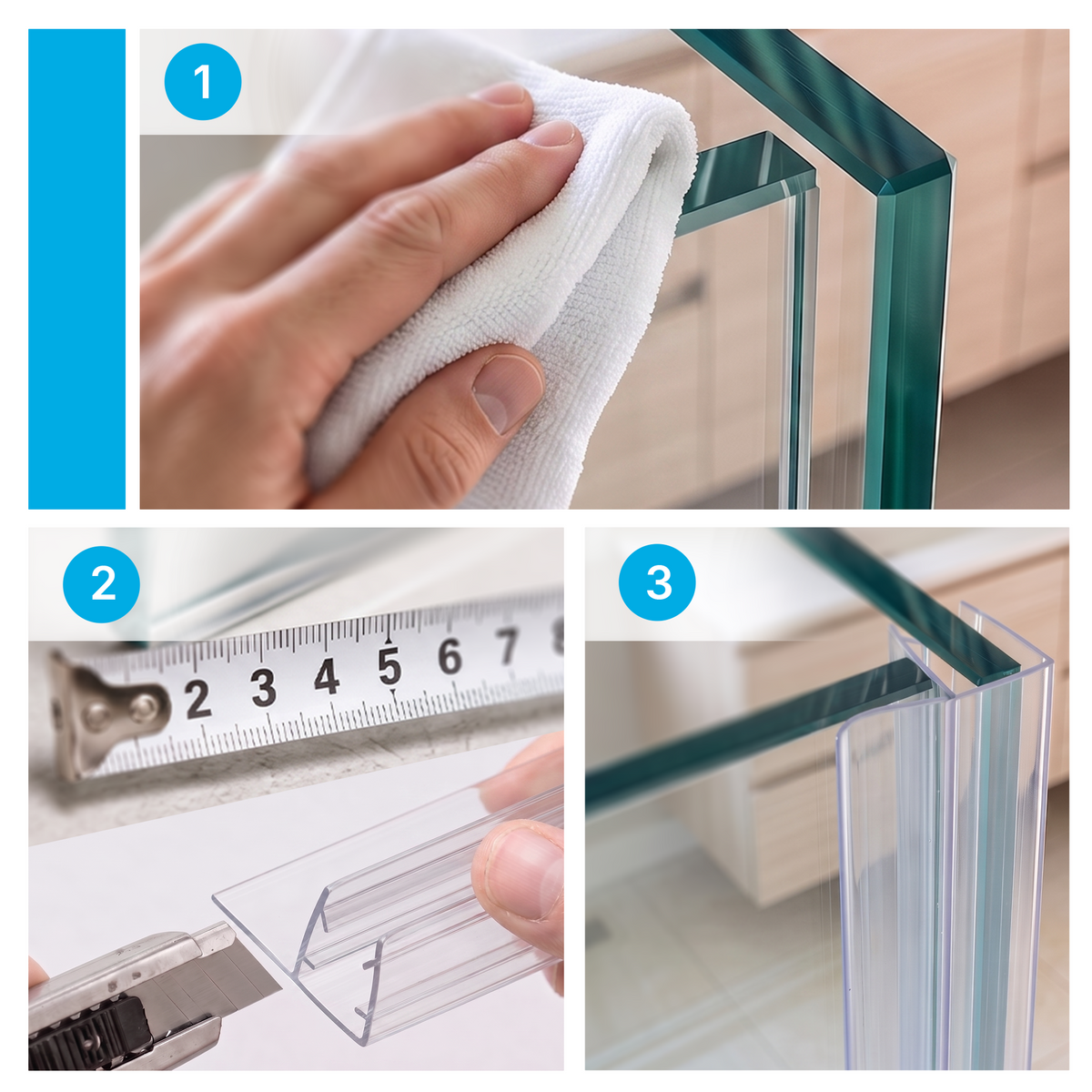Verticale douchedeurstrip F profiel, 2 × 200 cm, voor 90 graden glasverbinding, glas 6 tot 8 mm