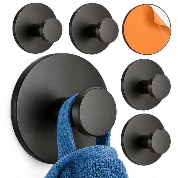 Wall Hook Round Base Black - Self Adhesive Set of 6