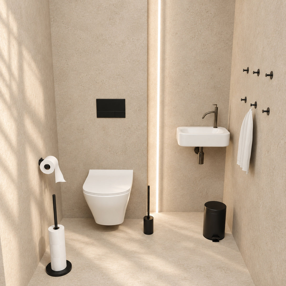 5-Piece Black Toilet Set - Self-Adhesive Reserve Roll Holder &amp; Free-Standing Toilet Roll Holder for 5 Rolls - Toilet Brush Holder, Trash Bin &amp; Wall Hooks