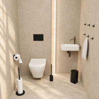 5-Piece Black Toilet Set - Self-Adhesive Reserve Roll Holder &amp; Free-Standing Toilet Roll Holder for 5 Rolls - Toilet Brush Holder, Trash Bin &amp; Wall Hooks