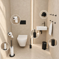 5-Piece Black Toilet Set - Self-Adhesive Reserve Roll Holder &amp; Free-Standing Toilet Roll Holder for 5 Rolls - Toilet Brush Holder, Trash Bin &amp; Wall Hooks