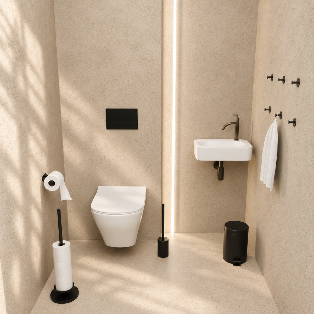 5-Piece Black Toilet Set - Self-Adhesive Reserve Roll Holder &amp; Elevated Free-Standing Toilet Roll Holder for 5 Rolls - Toilet Brush Holder, Trash Bin &amp; Wall Hooks