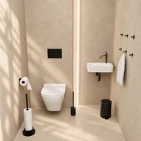 5-Piece Black Toilet Set - Self-Adhesive Reserve Roll Holder &amp; Elevated Free-Standing Toilet Roll Holder for 5 Rolls - Toilet Brush Holder, Trash Bin &amp; Wall Hooks