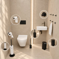 5-Piece Black Toilet Set - Self-Adhesive Reserve Roll Holder &amp; Elevated Free-Standing Toilet Roll Holder for 5 Rolls - Toilet Brush Holder, Trash Bin &amp; Wall Hooks