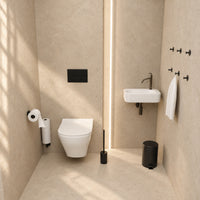 5-Piece Black Toilet Set - Self-Adhesive Reserve Roll Holder &amp; Wall-Mounted Reserve Roll Holder for 3 Rolls - Toilet Brush Holder, Trash Bin &amp; Wall Hooks