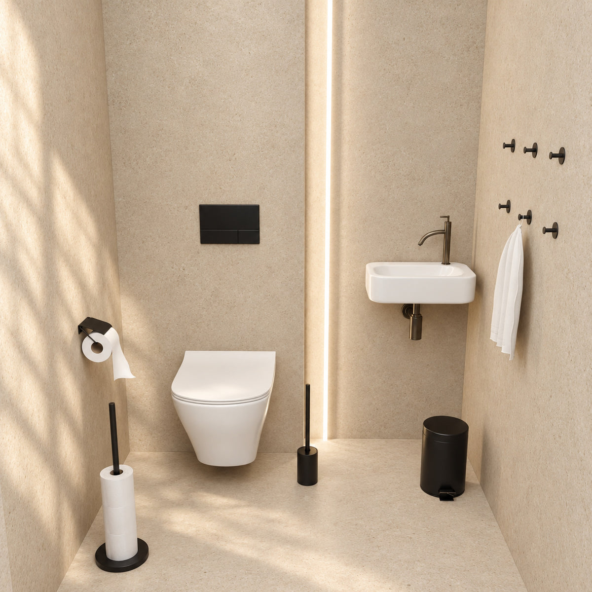 5-Piece Black Toilet Set - Reserve Roll Holder with Cover &amp; Free-Standing Toilet Roll Holder for 5 Rolls - Toilet Brush Holder, Trash Bin &amp; Wall Hooks