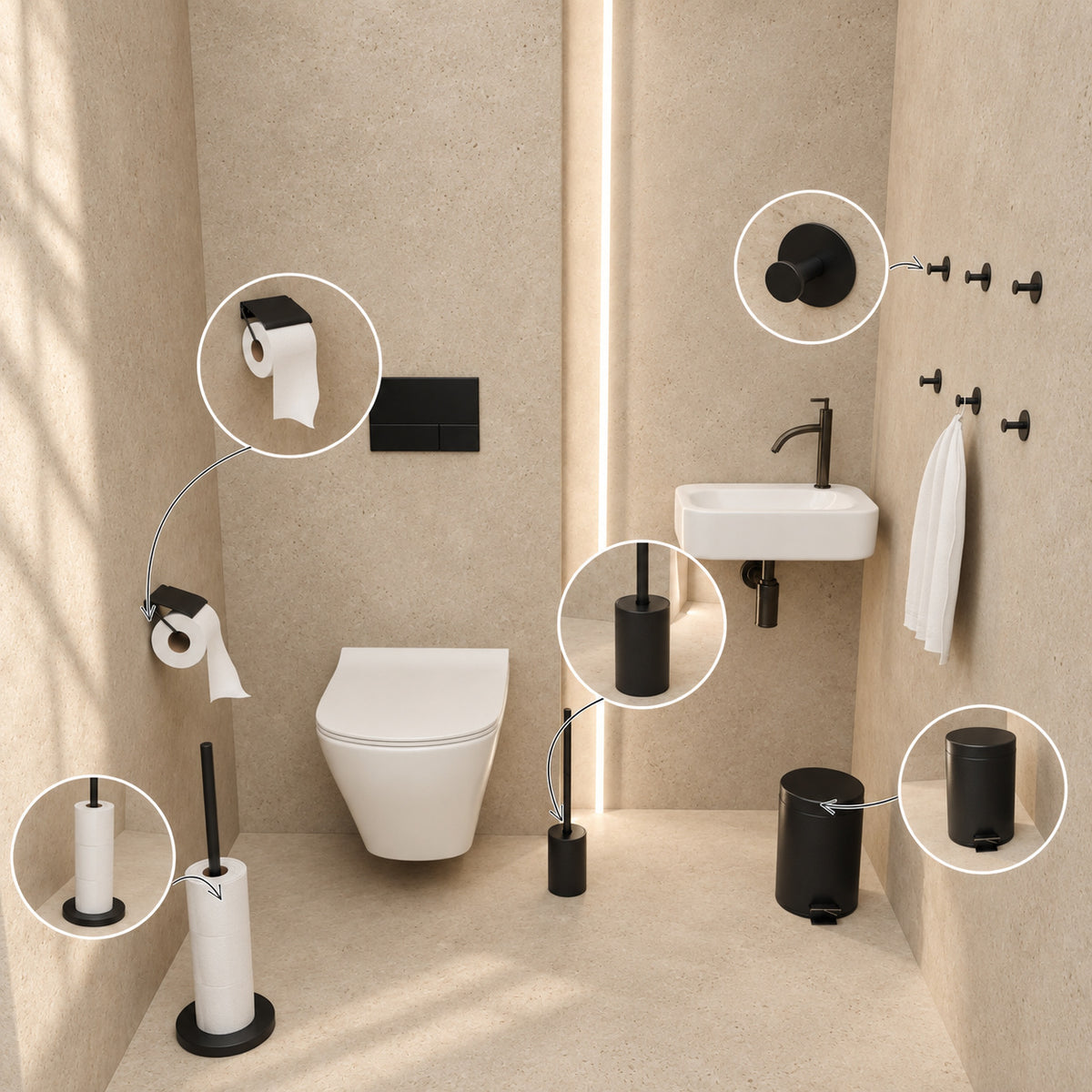 5-Piece Black Toilet Set - Reserve Roll Holder with Cover &amp; Free-Standing Toilet Roll Holder for 5 Rolls - Toilet Brush Holder, Trash Bin &amp; Wall Hooks