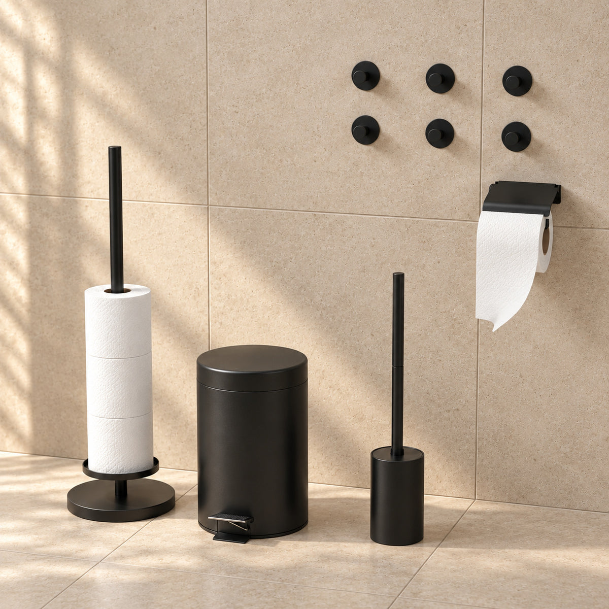 5-Piece Black Toilet Set - Reserve Roll Holder with Cover &amp; Elevated Free-Standing Toilet Roll Holder for 5 Rolls - Toilet Brush Holder, Trash Bin &amp; Wall Hooks