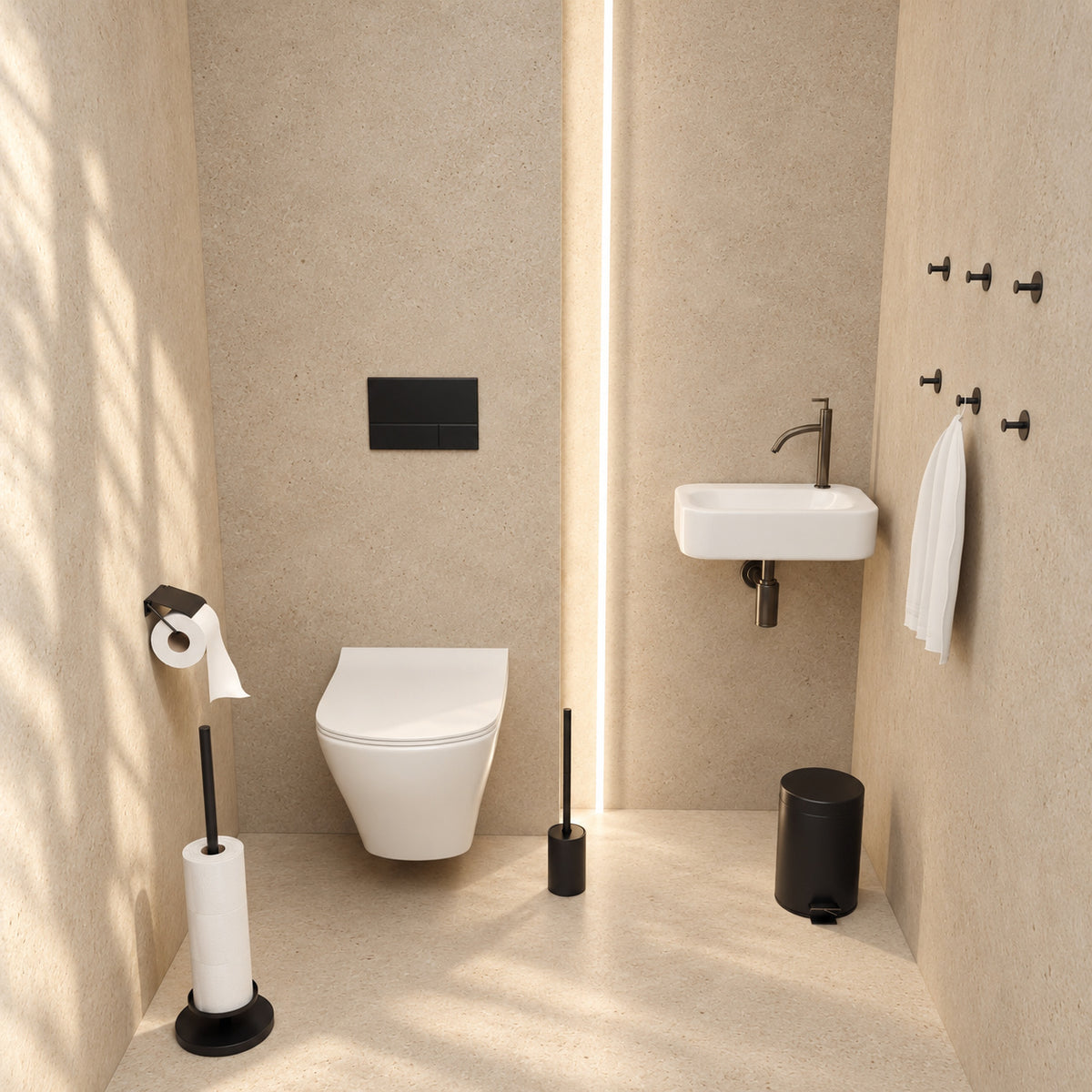 5-Piece Black Toilet Set - Reserve Roll Holder with Cover &amp; Elevated Free-Standing Toilet Roll Holder for 5 Rolls - Toilet Brush Holder, Trash Bin &amp; Wall Hooks