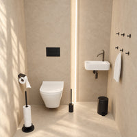 5-Piece Black Toilet Set - Reserve Roll Holder with Cover &amp; Elevated Free-Standing Toilet Roll Holder for 5 Rolls - Toilet Brush Holder, Trash Bin &amp; Wall Hooks