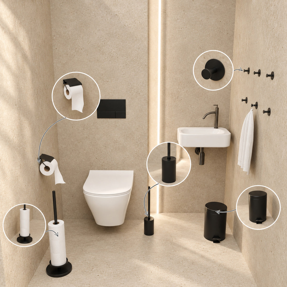 5-Piece Black Toilet Set - Reserve Roll Holder with Cover &amp; Elevated Free-Standing Toilet Roll Holder for 5 Rolls - Toilet Brush Holder, Trash Bin &amp; Wall Hooks