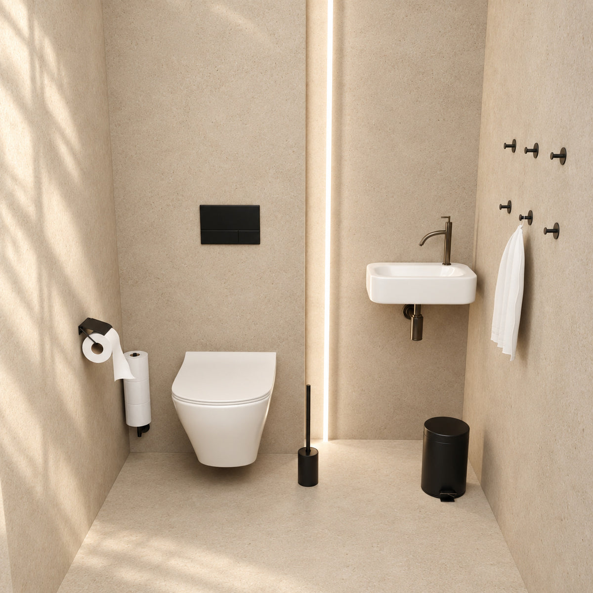 5-Piece Black Toilet Set - Reserve Roll Holder with Cover &amp; Wall-Mounted Reserve Roll Holder for 3 Rolls - Toilet Brush Holder, Trash Bin &amp; Wall Hooks