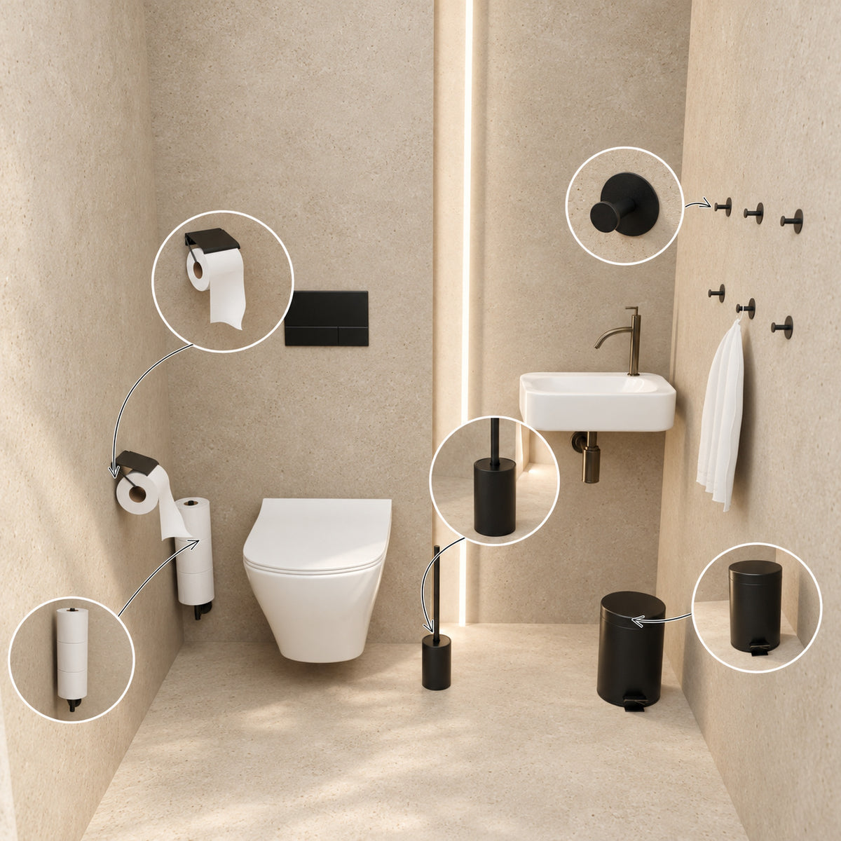 5-Piece Black Toilet Set - Reserve Roll Holder with Cover &amp; Wall-Mounted Reserve Roll Holder for 3 Rolls - Toilet Brush Holder, Trash Bin &amp; Wall Hooks