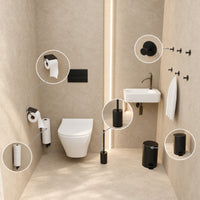 5-Piece Black Toilet Set - Reserve Roll Holder with Cover &amp; Wall-Mounted Reserve Roll Holder for 3 Rolls - Toilet Brush Holder, Trash Bin &amp; Wall Hooks