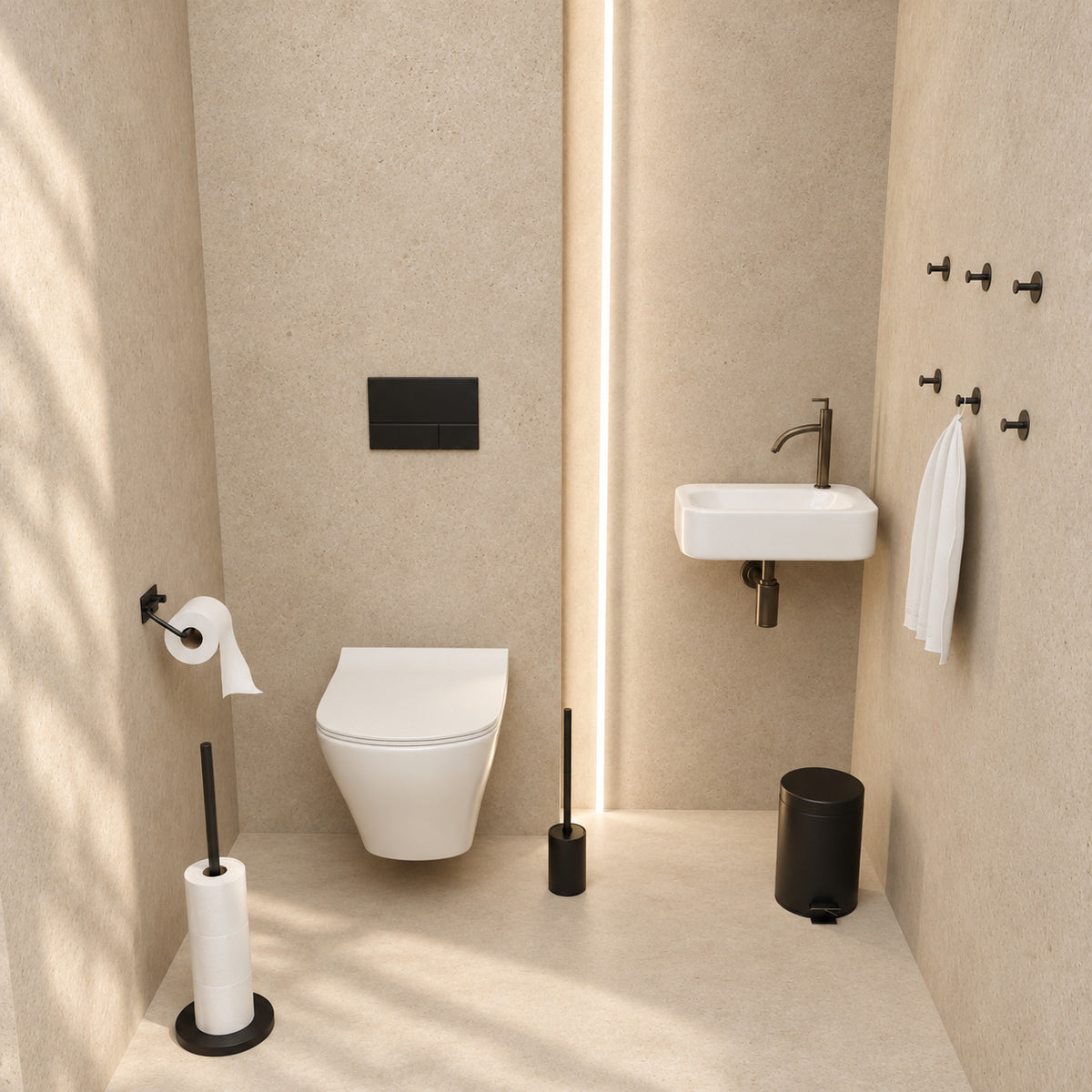 5-Piece Black Toilet Set - Toilet Roll Holder with Adjustable Arm &amp; Free-Standing Toilet Roll Holder for 5 Rolls - Toilet Brush Holder, Trash Bin &amp; Wall Hooks