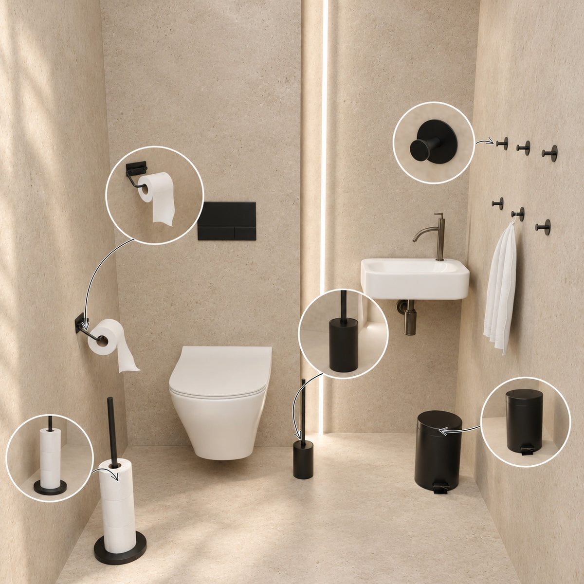 5-Piece Black Toilet Set - Toilet Roll Holder with Adjustable Arm &amp; Free-Standing Toilet Roll Holder for 5 Rolls - Toilet Brush Holder, Trash Bin &amp; Wall Hooks