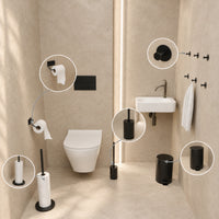 5-Piece Black Toilet Set - Toilet Roll Holder with Adjustable Arm &amp; Free-Standing Toilet Roll Holder for 5 Rolls - Toilet Brush Holder, Trash Bin &amp; Wall Hooks