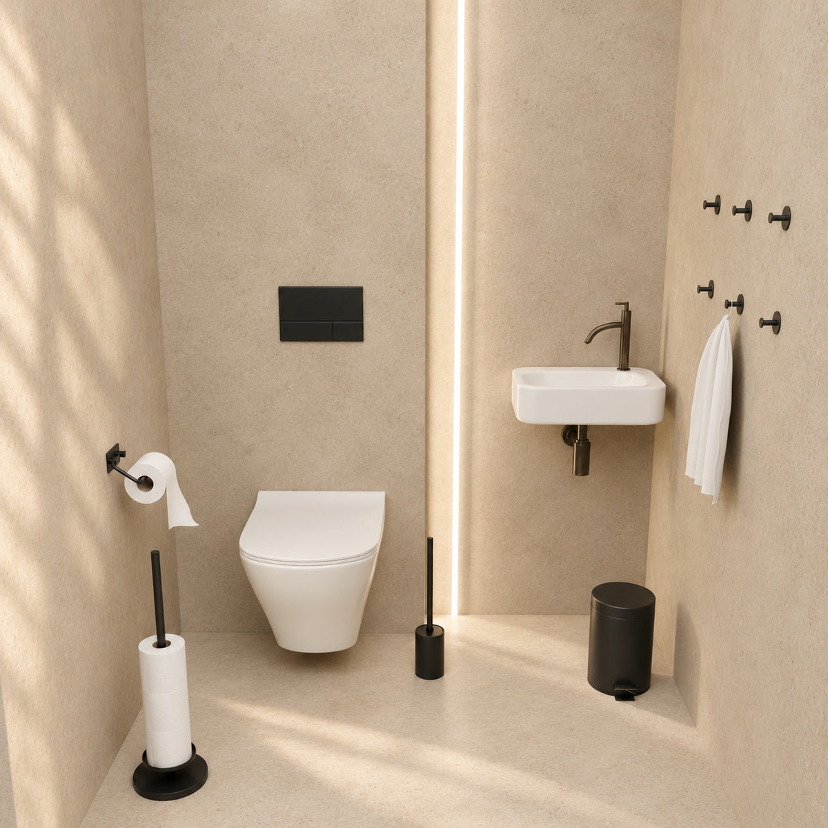 5-Piece Black Toilet Set - Toilet Roll Holder with Adjustable Arm &amp; Elevated Free-Standing Toilet Roll Holder for 5 Rolls - Toilet Brush Holder, Trash Bin &amp; Wall Hooks