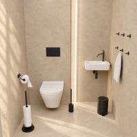 5-Piece Black Toilet Set - Toilet Roll Holder with Adjustable Arm &amp; Elevated Free-Standing Toilet Roll Holder for 5 Rolls - Toilet Brush Holder, Trash Bin &amp; Wall Hooks