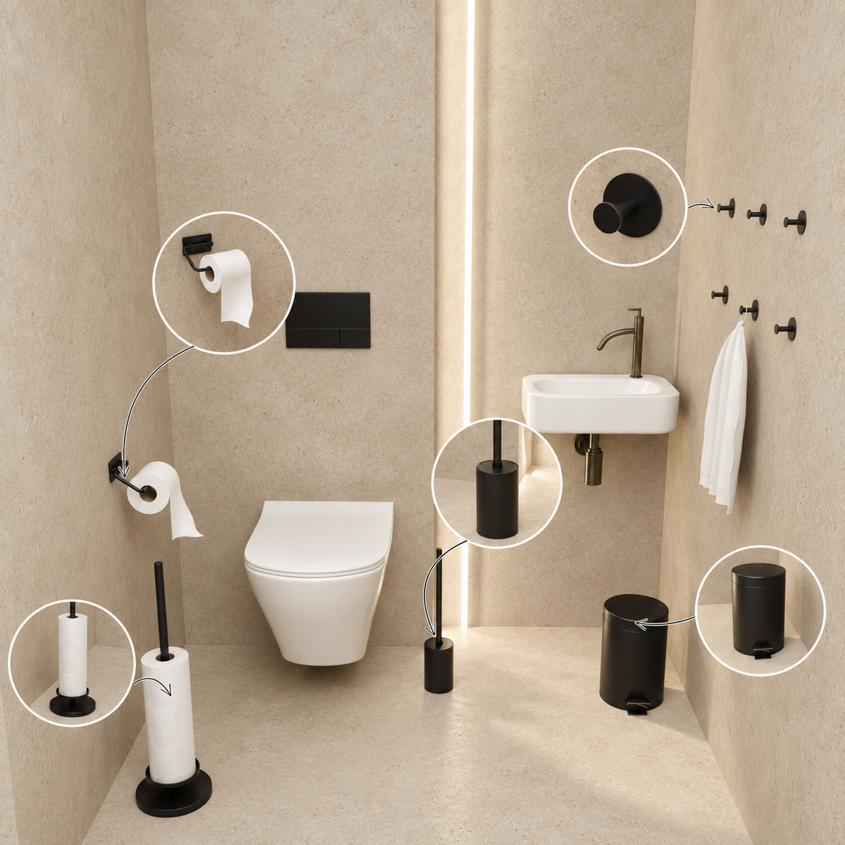 5-Piece Black Toilet Set - Toilet Roll Holder with Adjustable Arm &amp; Elevated Free-Standing Toilet Roll Holder for 5 Rolls - Toilet Brush Holder, Trash Bin &amp; Wall Hooks