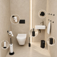 5-Piece Black Toilet Set - Toilet Roll Holder with Adjustable Arm &amp; Elevated Free-Standing Toilet Roll Holder for 5 Rolls - Toilet Brush Holder, Trash Bin &amp; Wall Hooks