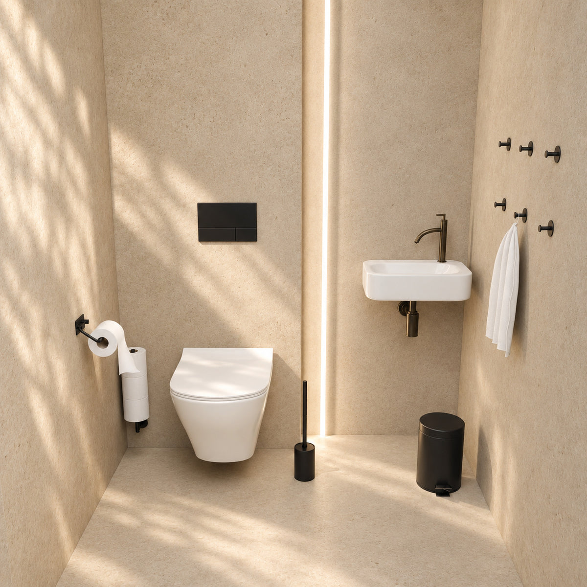 5-Piece Black Toilet Set - Toilet Roll Holder with Adjustable Arm & Wall-Mounted Reserve Roll Holder for 3 Rolls - Toilet Brush Holder, Trash Bin &amp; Wall Hooks