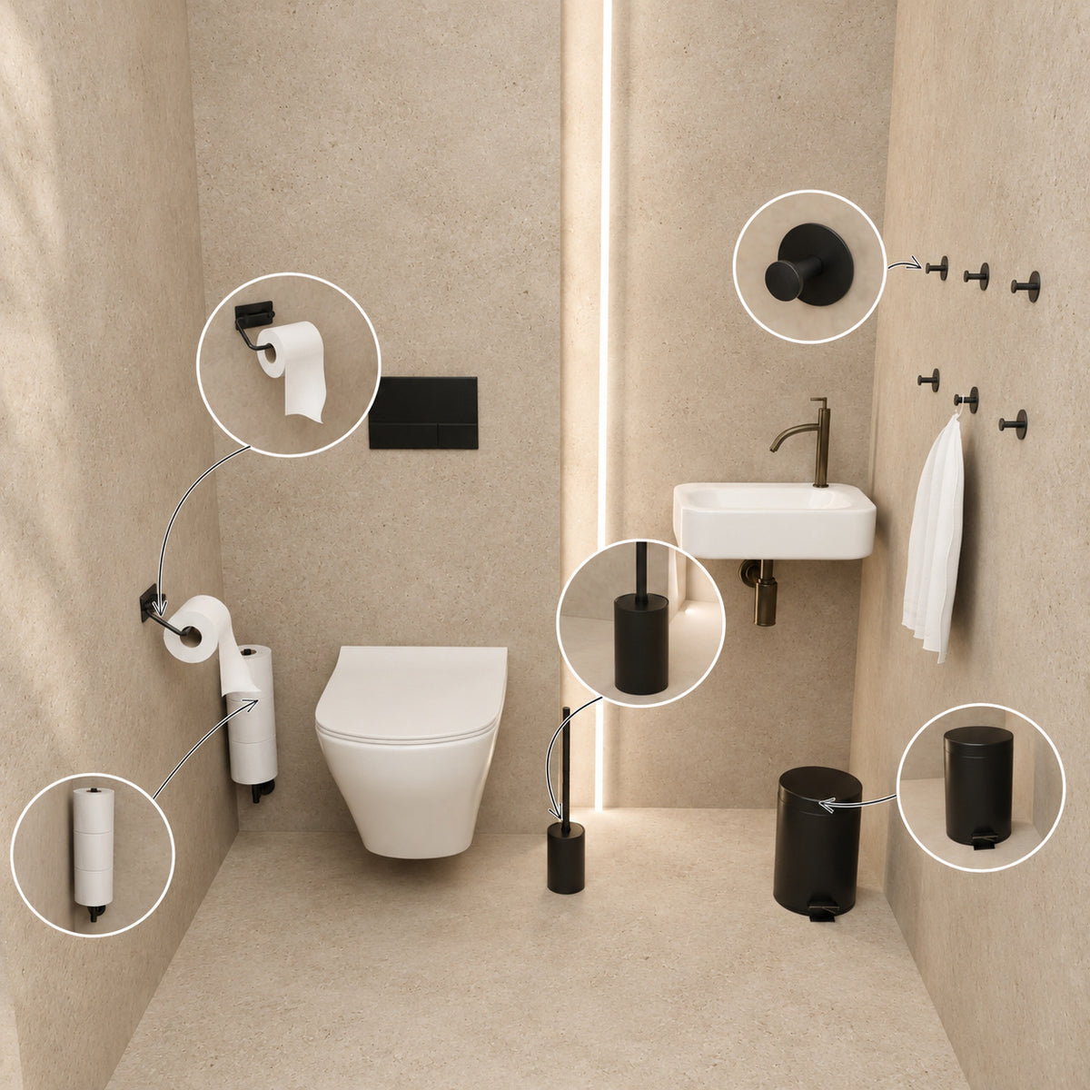 5-Piece Black Toilet Set - Toilet Roll Holder with Adjustable Arm & Wall-Mounted Reserve Roll Holder for 3 Rolls - Toilet Brush Holder, Trash Bin &amp; Wall Hooks
