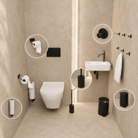 5-Piece Black Toilet Set - Toilet Roll Holder with Adjustable Arm & Wall-Mounted Reserve Roll Holder for 3 Rolls - Toilet Brush Holder, Trash Bin &amp; Wall Hooks