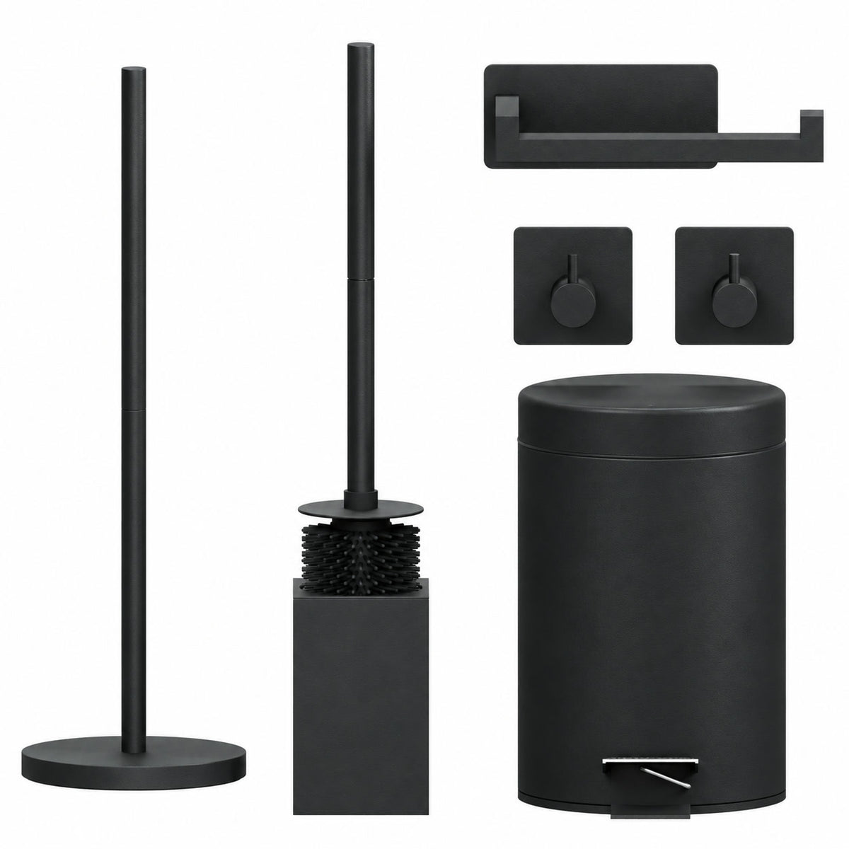 Set WC Nero Quadrato da 5 Pezzi - Portarotolo da Terra per 5 Rotoli & Portarotolo Extra Sottile Autoadesivo - Porta Scopino, Pattumiera & Ganci da Parete