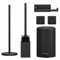 Set WC Nero Quadrato da 5 Pezzi - Portarotolo da Terra per 5 Rotoli & Portarotolo Extra Sottile Autoadesivo - Porta Scopino, Pattumiera & Ganci da Parete