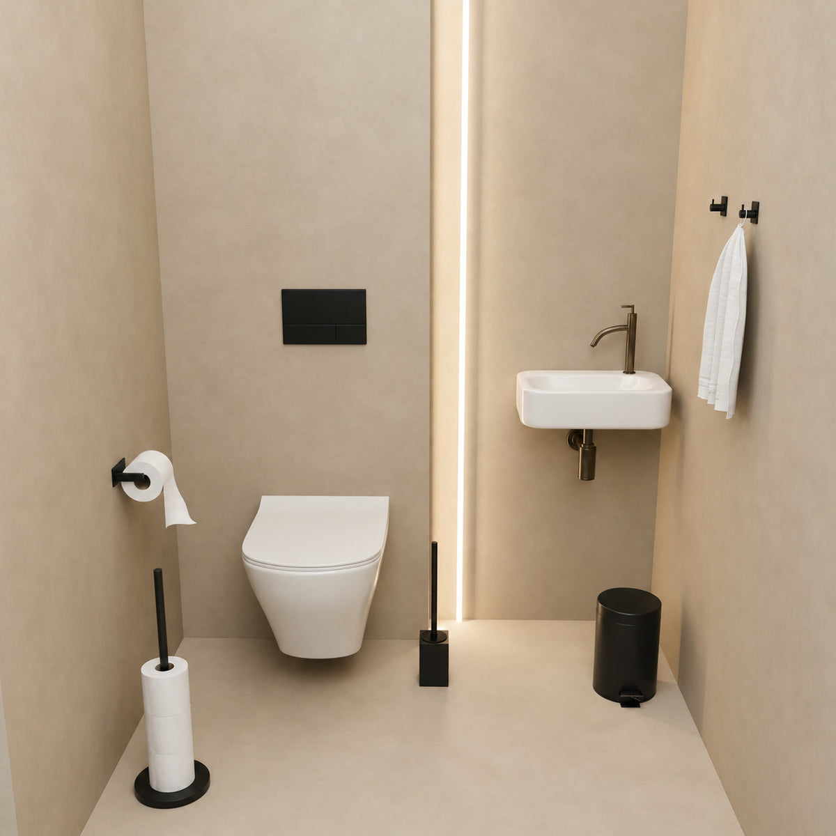Set WC Nero Quadrato da 5 Pezzi - Portarotolo da Terra per 5 Rotoli & Portarotolo Extra Sottile Autoadesivo - Porta Scopino, Pattumiera & Ganci da Parete