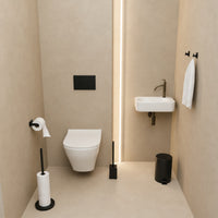 Set WC Nero Quadrato da 5 Pezzi - Portarotolo da Terra per 5 Rotoli & Portarotolo Extra Sottile Autoadesivo - Porta Scopino, Pattumiera & Ganci da Parete