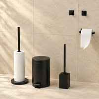 Set WC Nero Quadrato da 5 Pezzi - Portarotolo da Terra per 5 Rotoli & Portarotolo Extra Sottile Autoadesivo - Porta Scopino, Pattumiera & Ganci da Parete