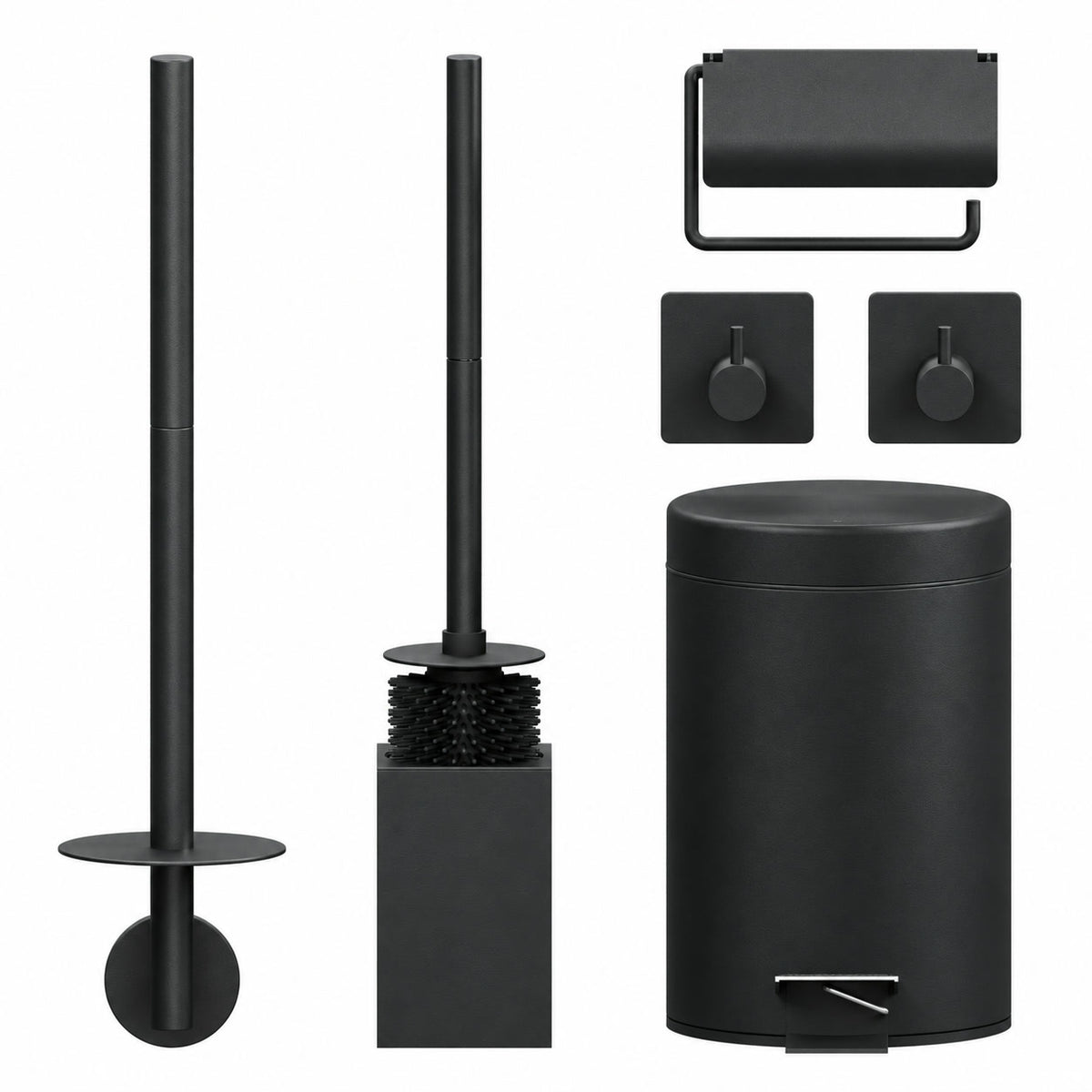 Set de Toilette Noir Carré en 5 Pièces - Porte-Rouleau Mural pour 3 Rouleaux & Porte-Rouleau Suspendu avec Couvercle Protecteur - Porte-Brosse WC, Poubelle & Crochets Muraux