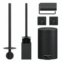 Set de Toilette Noir Carré en 5 Pièces - Porte-Rouleau Mural pour 3 Rouleaux & Porte-Rouleau Suspendu avec Couvercle Protecteur - Porte-Brosse WC, Poubelle & Crochets Muraux