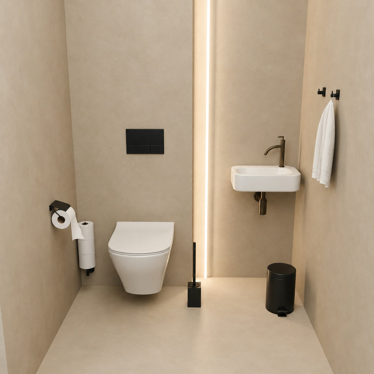Set de Toilette Noir Carré en 5 Pièces - Porte-Rouleau Mural pour 3 Rouleaux & Porte-Rouleau Suspendu avec Couvercle Protecteur - Porte-Brosse WC, Poubelle & Crochets Muraux