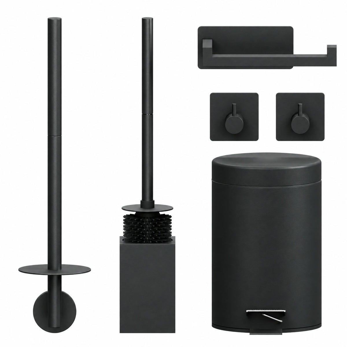Set WC Nero Quadrato da 5 Pezzi - Portarotolo a Muro per 3 Rotoli & Portarotolo Extra Sottile Autoadesivo - Porta Scopino, Pattumiera & Ganci da Parete