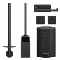 Set WC Nero Quadrato da 5 Pezzi - Portarotolo a Muro per 3 Rotoli & Portarotolo Extra Sottile Autoadesivo - Porta Scopino, Pattumiera & Ganci da Parete