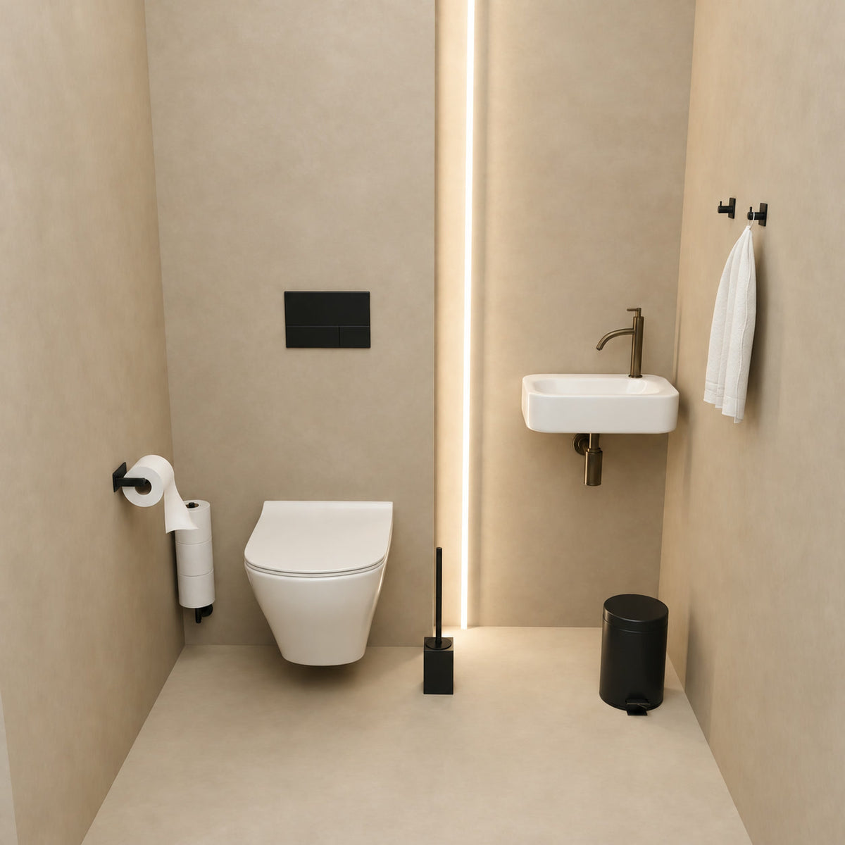 Set WC Nero Quadrato da 5 Pezzi - Portarotolo a Muro per 3 Rotoli & Portarotolo Extra Sottile Autoadesivo - Porta Scopino, Pattumiera & Ganci da Parete