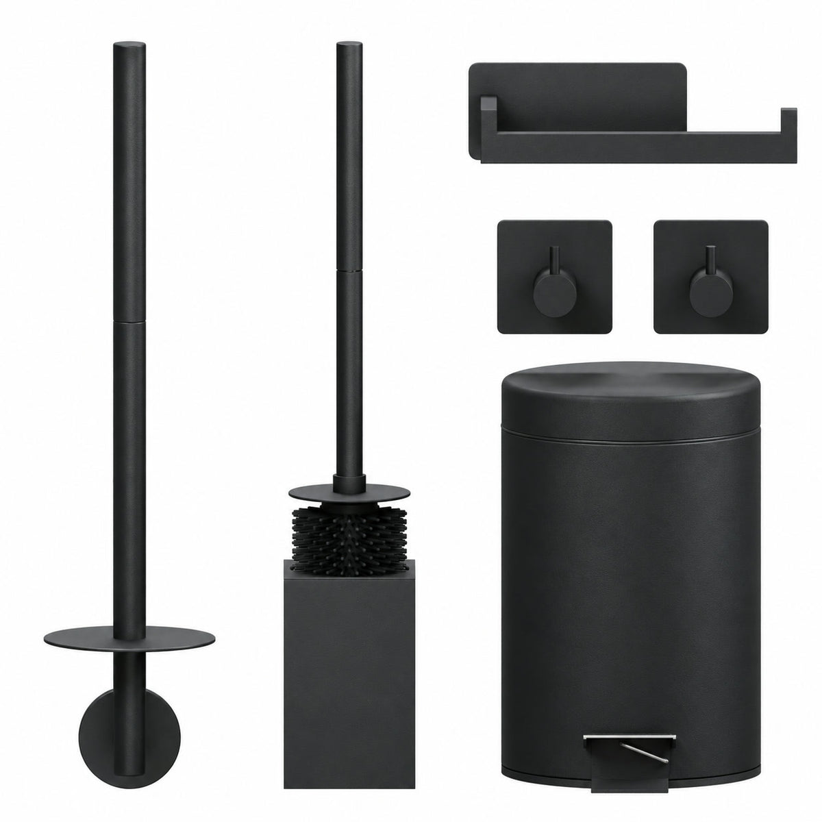 5-Delige Zwarte Vierkante Toiletset - Wandgemonteerde Toiletrolhouder voor 3 Rollen & Zelfklevende Toiletrolhouder - Toiletborstelhouder, Prullenbak & Muurhaken