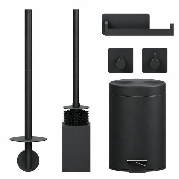 5-teiliges Schwarzes Eckiges Toilettenset - Wandmontierter Toilettenpapierhalter für 3 Rollen & Selbstklebender Toilettenpapierhalter - WC-Bürstenhalter, Mülleimer & Wandhaken