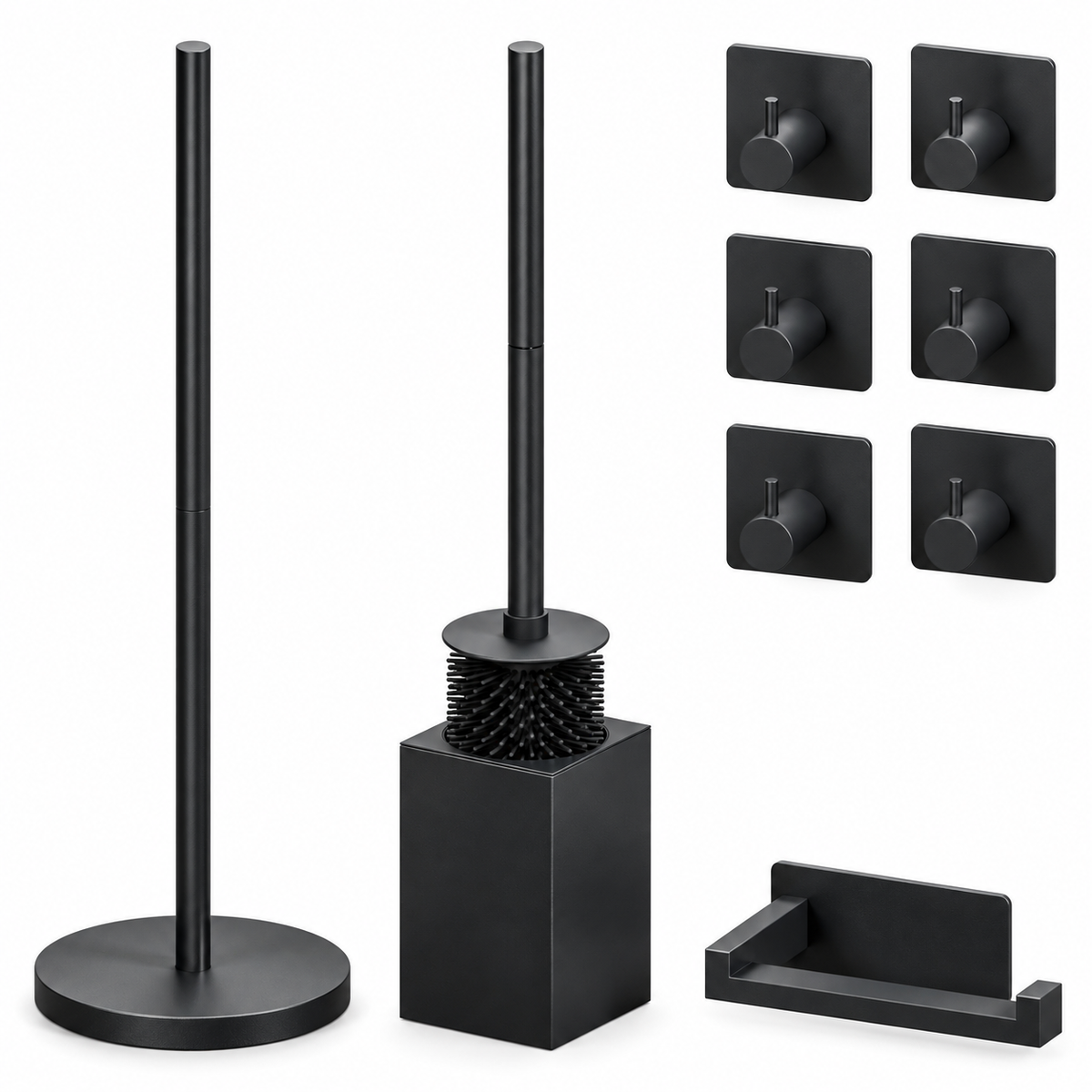 Set de Toilette Noir 4 Pièces - Porte-Rouleau de Réserve sur Pied pour 5 Rouleaux & Porte-Rouleau Suspendu - Porte-Brosse WC & Crochets Muraux