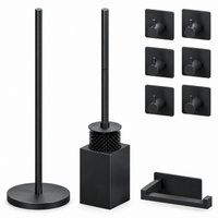 Set de Toilette Noir 4 Pièces - Porte-Rouleau de Réserve sur Pied pour 5 Rouleaux & Porte-Rouleau Suspendu - Porte-Brosse WC & Crochets Muraux