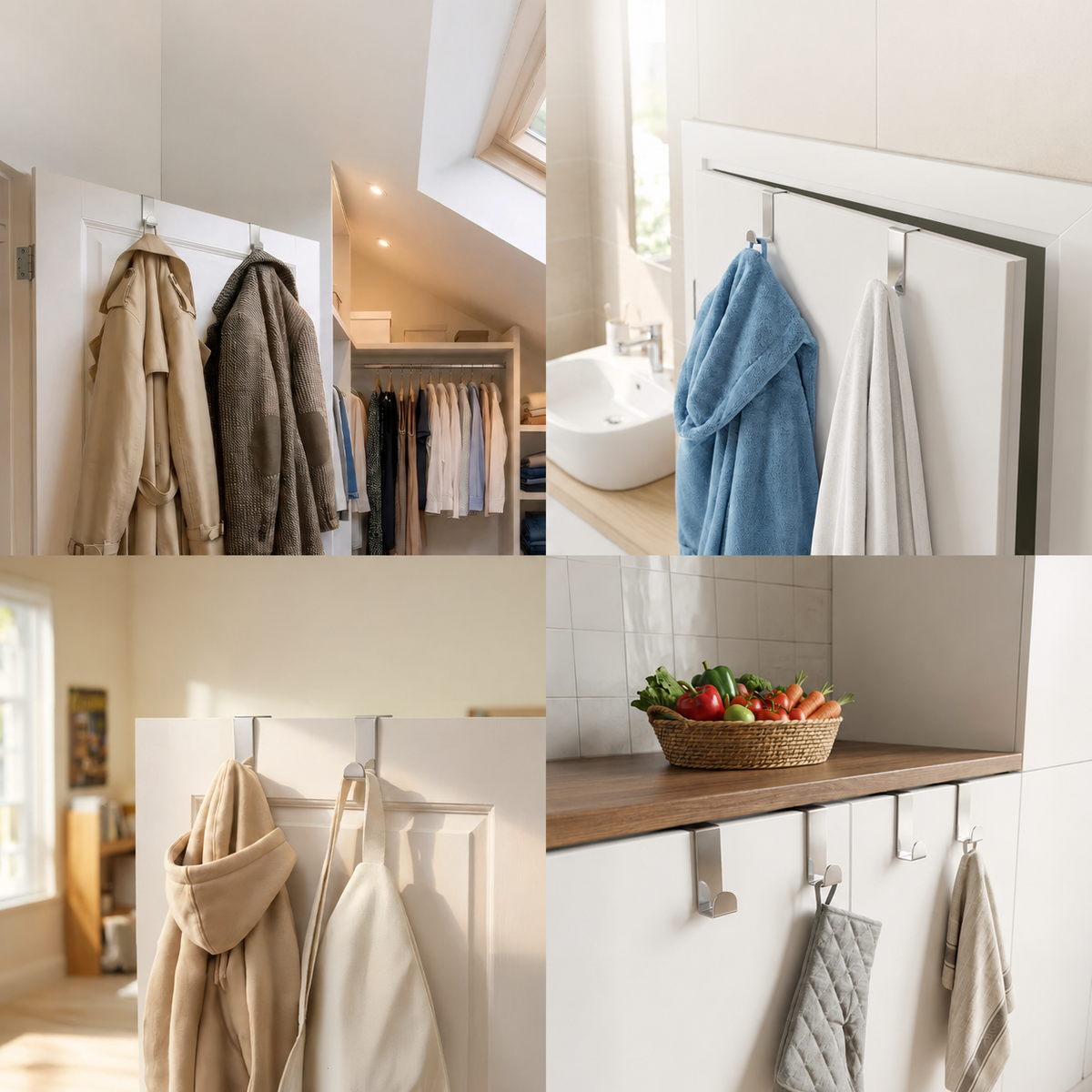 Door Hooks 4-Pack, Stainless Steel, Fits 2.2cm & 1.6cm Doors with Protective Pads
